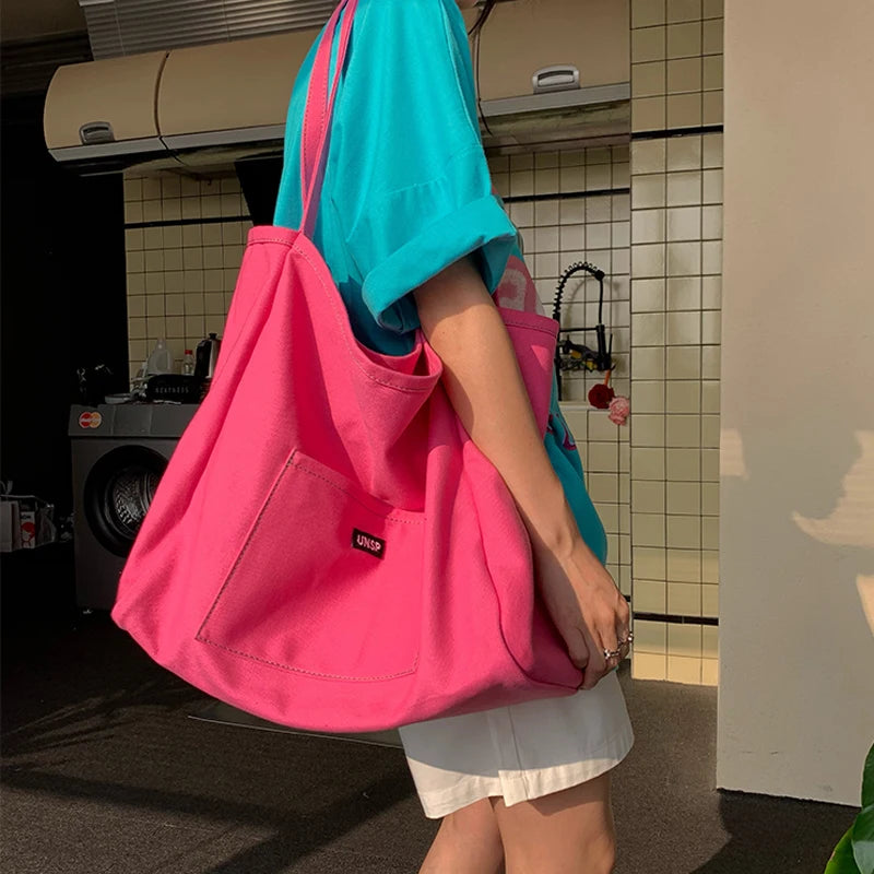 Canvas Bag High Quality Reusable Shopping Shoulder Bag Women Simple Casual Daily Use Handbag Totes Female Portable Folding Purse