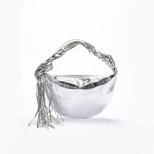 Women's Half-moon Bag Metallic-style Dumpling-shaped Handbag. New Silver Small-sized Bag with Fringe Design in The Shape