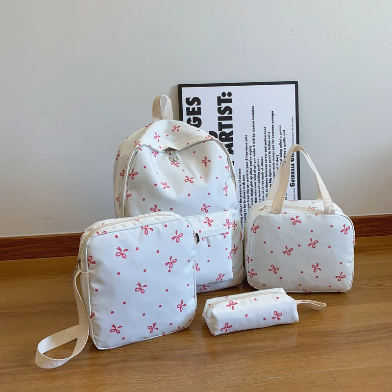 4-Piece Bow Print Backpack Set for Women Matching Crossbody Bag&handbag&Pencil Case Multi-Pocket Lightweight School Bundle