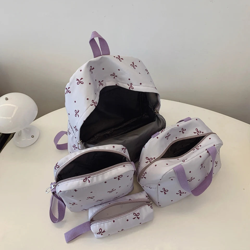 4-Piece Bow Print Backpack Set for Women Matching Crossbody Bag&handbag&Pencil Case Multi-Pocket Lightweight School Bundle