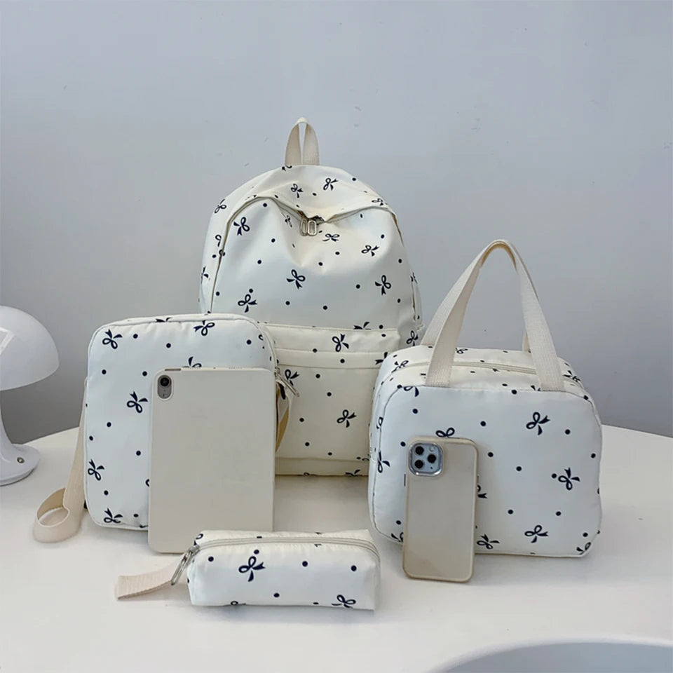 4-Piece Bow Print Backpack Set for Women Matching Crossbody Bag&handbag&Pencil Case Multi-Pocket Lightweight School Bundle
