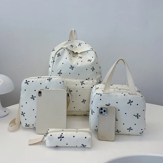 4-Piece Bow Print Backpack Set for Women Matching Crossbody Bag&handbag&Pencil Case Multi-Pocket Lightweight School Bundle