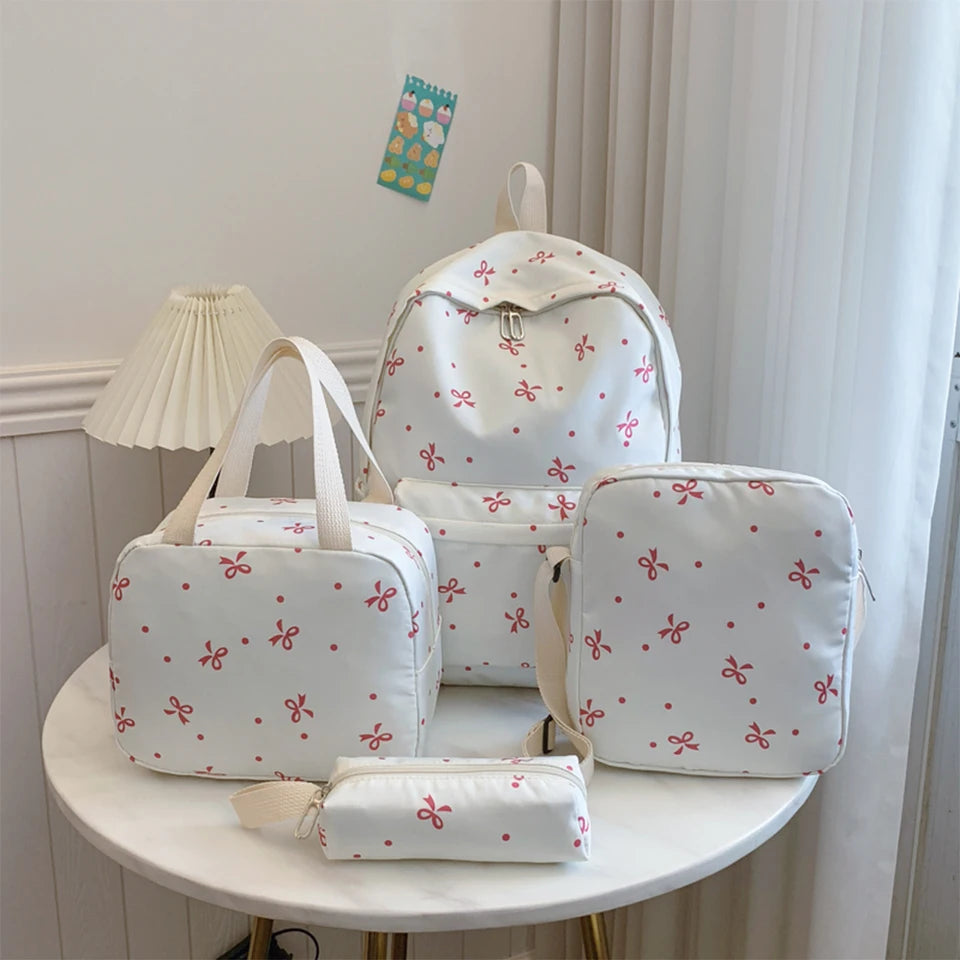 4-Piece Bow Print Backpack Set for Women Matching Crossbody Bag&handbag&Pencil Case Multi-Pocket Lightweight School Bundle
