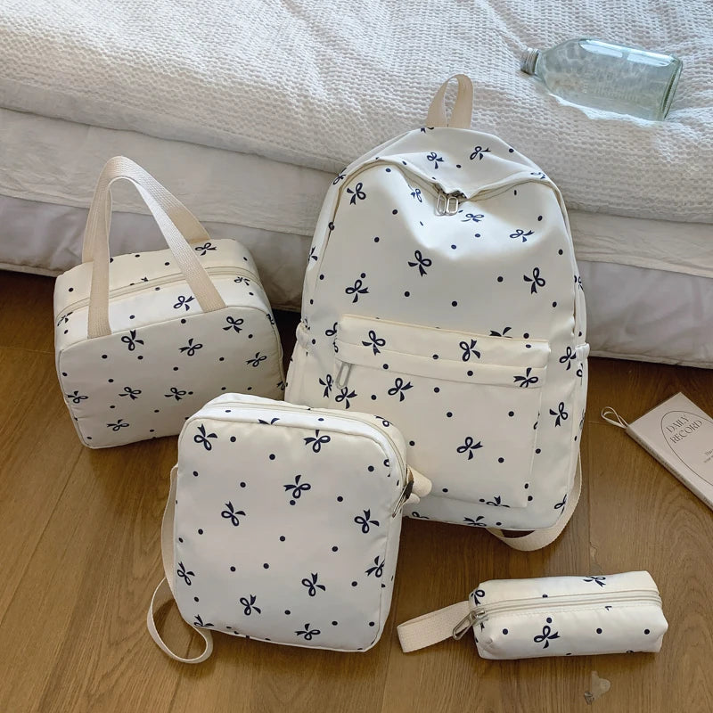 4-Piece Bow Print Backpack Set for Women Matching Crossbody Bag&handbag&Pencil Case Multi-Pocket Lightweight School Bundle
