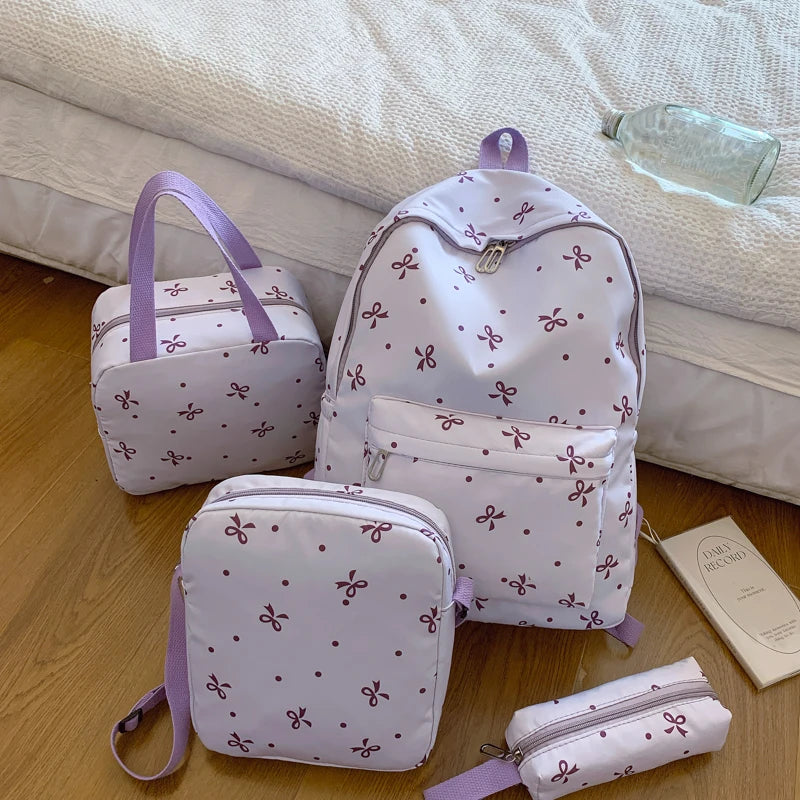 4-Piece Bow Print Backpack Set for Women Matching Crossbody Bag&handbag&Pencil Case Multi-Pocket Lightweight School Bundle