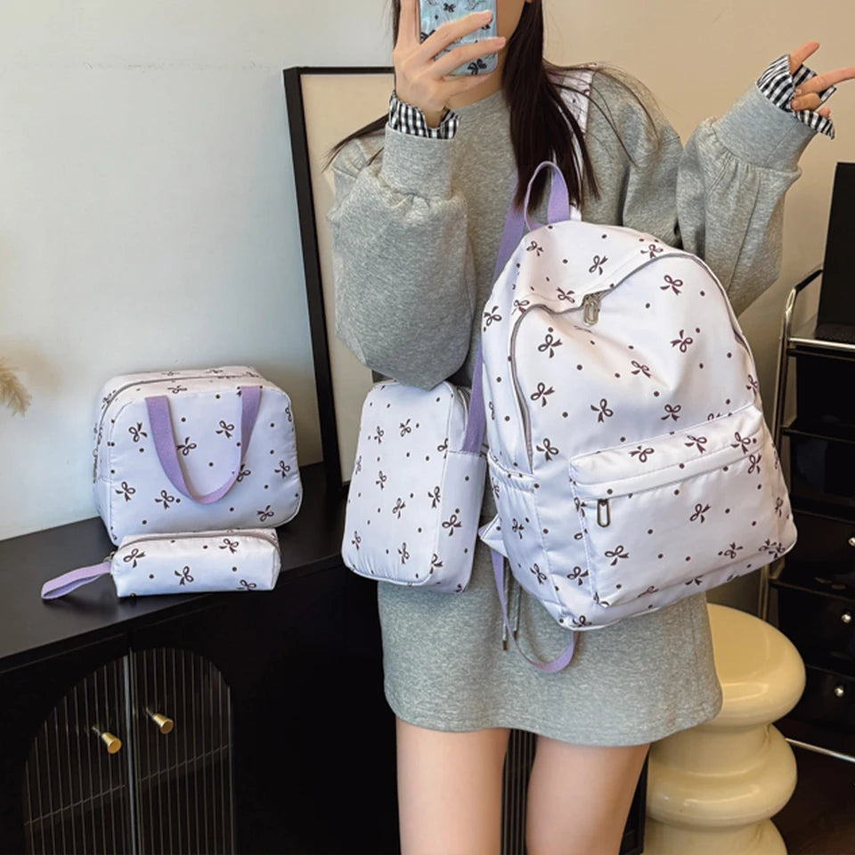 4-Piece Bow Print Backpack Set for Women Matching Crossbody Bag&handbag&Pencil Case Multi-Pocket Lightweight School Bundle