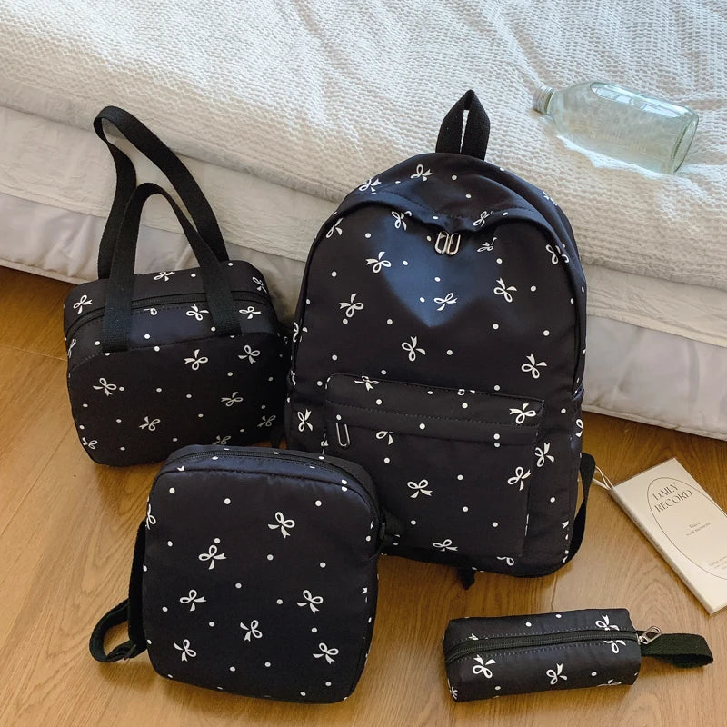 4-Piece Bow Print Backpack Set for Women Matching Crossbody Bag&handbag&Pencil Case Multi-Pocket Lightweight School Bundle