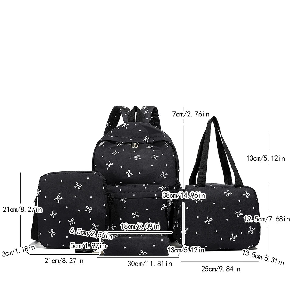4-Piece Bow Print Backpack Set for Women Matching Crossbody Bag&handbag&Pencil Case Multi-Pocket Lightweight School Bundle